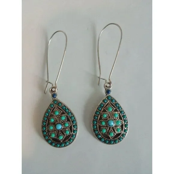 Turquoise Stones & Silver Metal Earrings - Picture 2 of 8